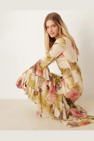 ASOS Assymetric ruffle hem bias maxi dress in bold floral print