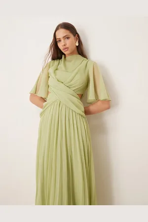 ASOS Cowl wrap front pleated midi dress with cut out in sage