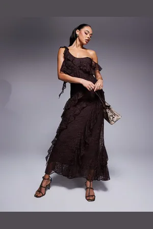 ASOS One shoulder mixed lace ruffle midaxi dress in chocolate brown