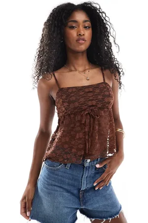 Miss Selfridge Lace satin bow detail peplum cami top in chocolate