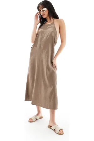 ONLY Linen mix halter neck midi dress in washed