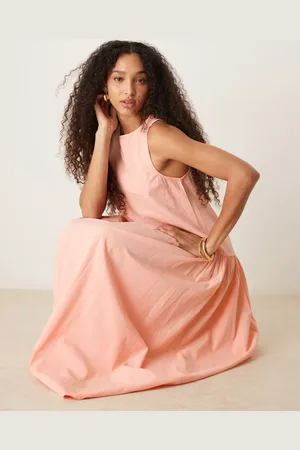 ASOS Slash neck smock midi dress with dropped waist in blushed apricot