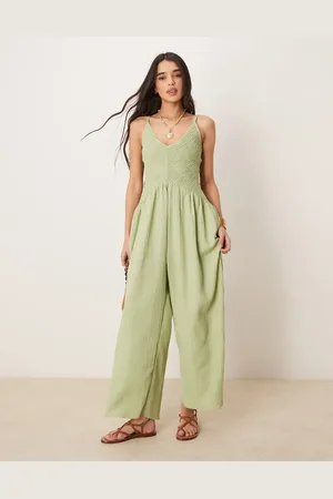 ASOS V neck poly crinkle dropped waist jumpsuit in khaki