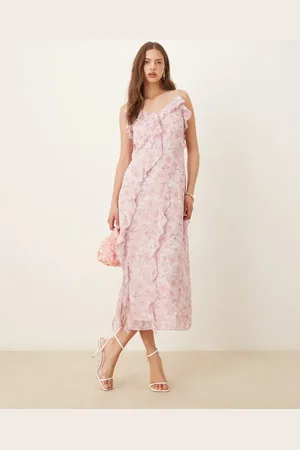 VILA Frill trim midi dress in pink ditsy floral
