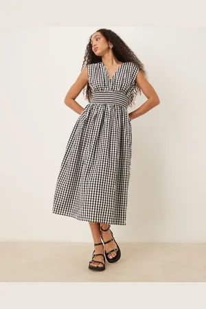 Y.A.S Shirred waist midi dress in black and white check