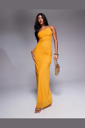 ASOS Asymmetric double strap with gold trim detail with ruching mesh maxi dress in