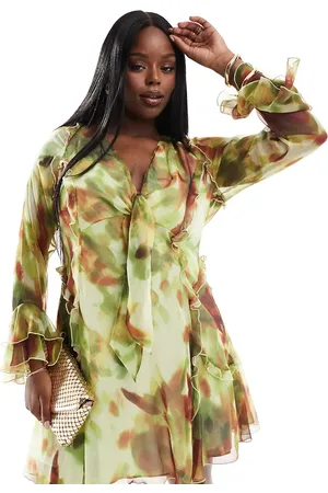 ASOS ASOS DESIGN Curve ruffle tie front plunge mini dress with frill sleeves in green abstract print