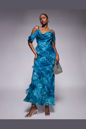 ASOS ASOS DEISGN off the shoulder bias maxi dress with ruffles in blue abstract print