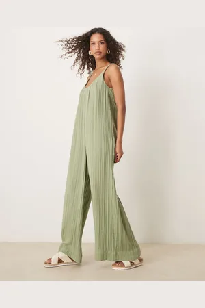 ASOS Double cloth plait tie detail scoop neck jumpsuit in khaki