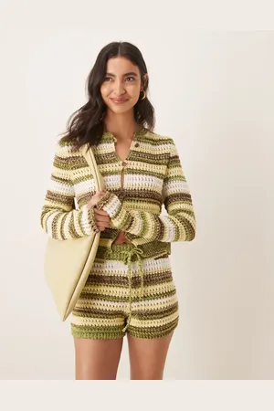 ASOS Knitted twist crochet striped cardigan co-ord in yellow