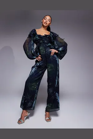 ASOS Long sleeve ruffle off shoulder jumpsuit in blurred floral print