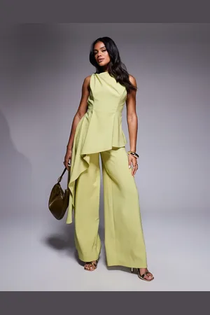 ASOS Twist shoulder draped jumpsuit in lime