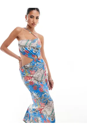 ASOS Asymmetric cut out maxi dress with hardware detail in postcard print