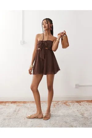 Miss Selfridge Beach chiffon tie front playsuit in chocolate