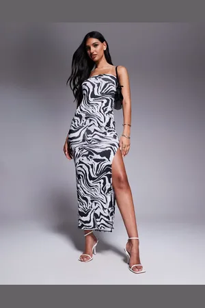 Missyempire Slinky bandeau side slit maxi dress in black & white zebra print