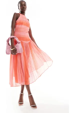 ASOS Shirred bodice midi dress in pink and red stripe