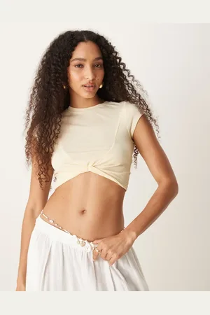 ASOS Knot front mesh short sleeve crop top in almond