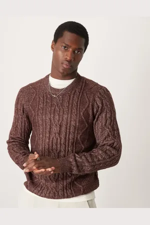 ASOS Heavyweight cable knitted crew neck jumper in chocolate