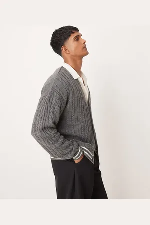 ASOS Relaxed boxy fit cable knitted cardigan in with ecru tipping