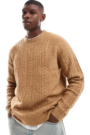 ASOS Relaxed slouchy crew neck cable knitted jumper in tan