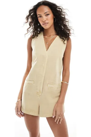 ASOS Denim sleeveless playsuit with tie back in tan