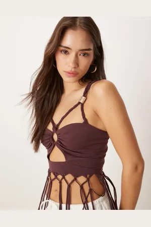 ASOS Twist strap ruched front fringed cami top in berry