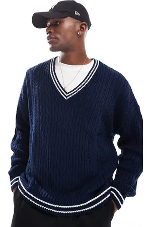 ASOS Oversized cable knitted cricket jumper in with white tipping