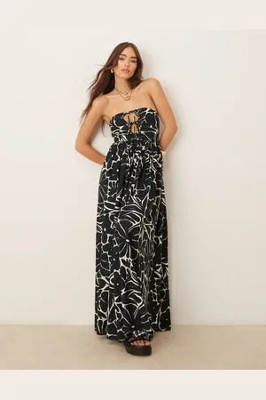 ASOS Bandeau lace up maxi beach dress with linen in mono floral