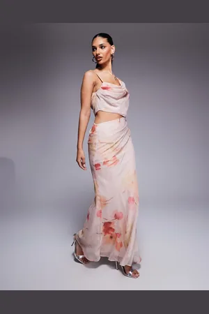 ASOS Asymmetric drape cut out maxi dress in soft pink floral pink