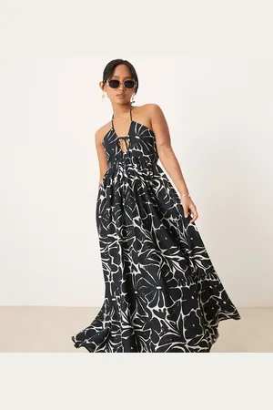 ASOS Petite bandeau lace up maxi beach dress with linen in mono floral