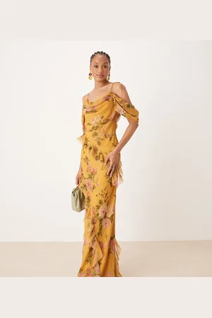 ASOS ASOS DEISGN Tall off the shoulder bias maxi dress with ruffles in yellow floral print