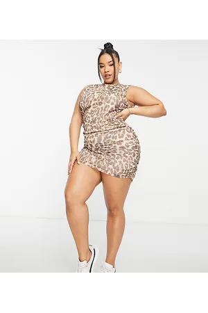 ASOS Curve sleeveless ruched mesh mini dress in leopard print