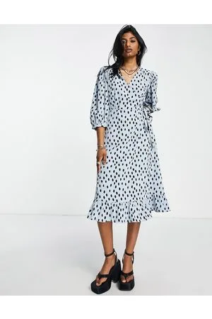 ONLY Puff sleeve wrap midi dress in spot