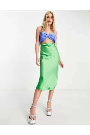 Miss Selfridge Satin cut out colourblock midi dress in green and blue