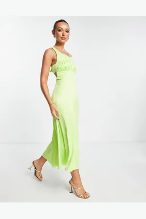 River Island Rushed bodice bow back satin midi dress in lime