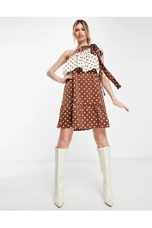 Y.A.S Blend one shoulder mini dress in chocolate polka dot