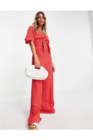 MANGO Tie front wide leg jumpsuit in red polka dot