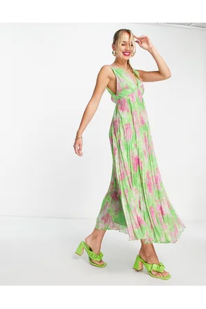 ASOS DESIGN sleeveless V neck pleated trapeze maxi dress in green floral print