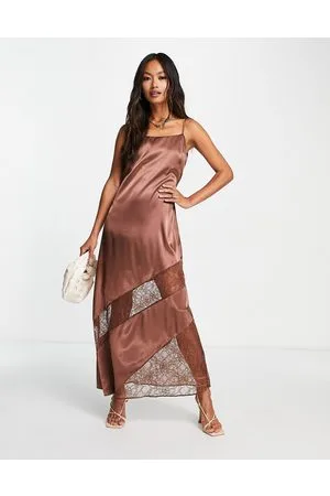 Topshop Lace insert midi slip dress in chocolate