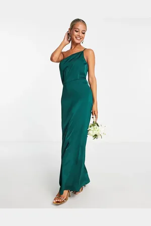 VILA Bridesmaid satin strappy one shoulder maxi dress in deep