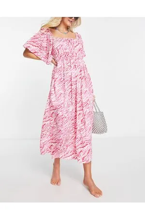 ASOS Flutter sleeve beach midaxi dress in pink zebra