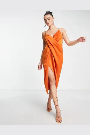 ASOS Drape detail satin midi dress with strappy back in rust
