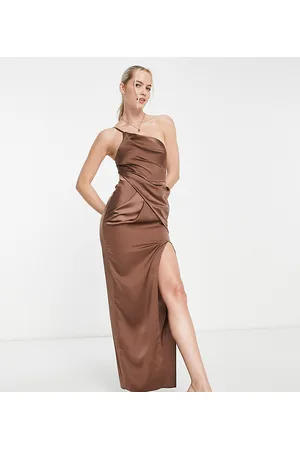 ASOS ASOS DESIGN Tall satin one shoulder strappy taupe midi dress with slit in