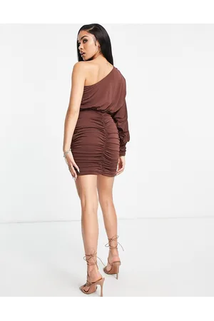 Ax Paris Slinky one shoulder ruched mini dress in chocolate