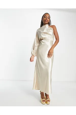 In The Style X Terrie Mcevoy satin one volume shoulder cut out maxi dress in champagne