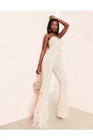 ASOS Embellished belted jumpsuit with faux feather trim in