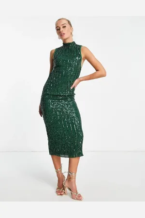 ASOS High neck embellished midi dress in plisse sequin in forest