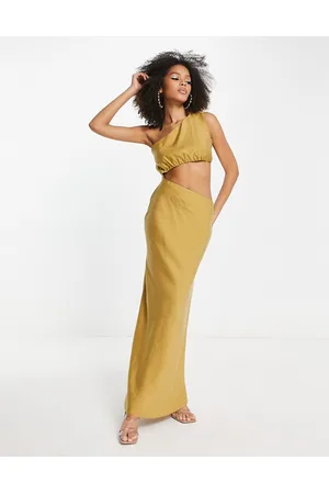 ASOS Damen Asymmetrische Kleider - One shoulder maxi dress in washed fabric with cut out waist in stone