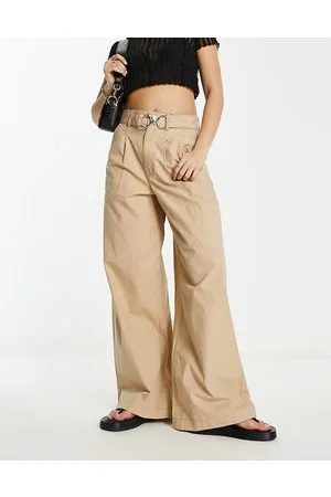 River Island Belted wide leg trouser with hardware detail in beige