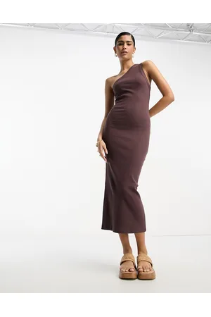 ASOS Damen Asymmetrische Kleider - One shoulder bodycon midi dress in chocolate